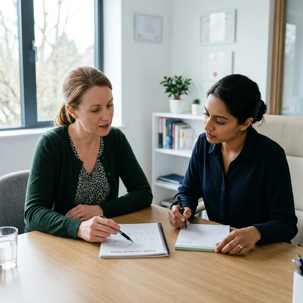 A patient talking with a clinician during an endometriosis consultation